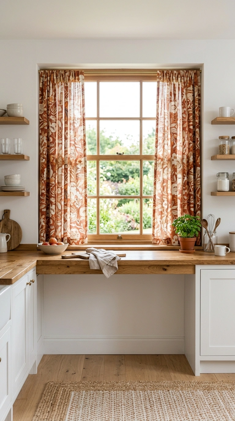 004 Bold Floral Print A bright white kitchen with a wi
