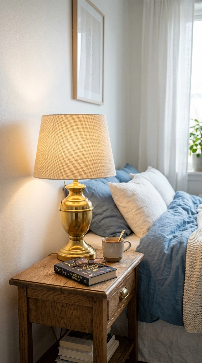 004 Brass Bedside Lamps A bedroom nightstand featuring