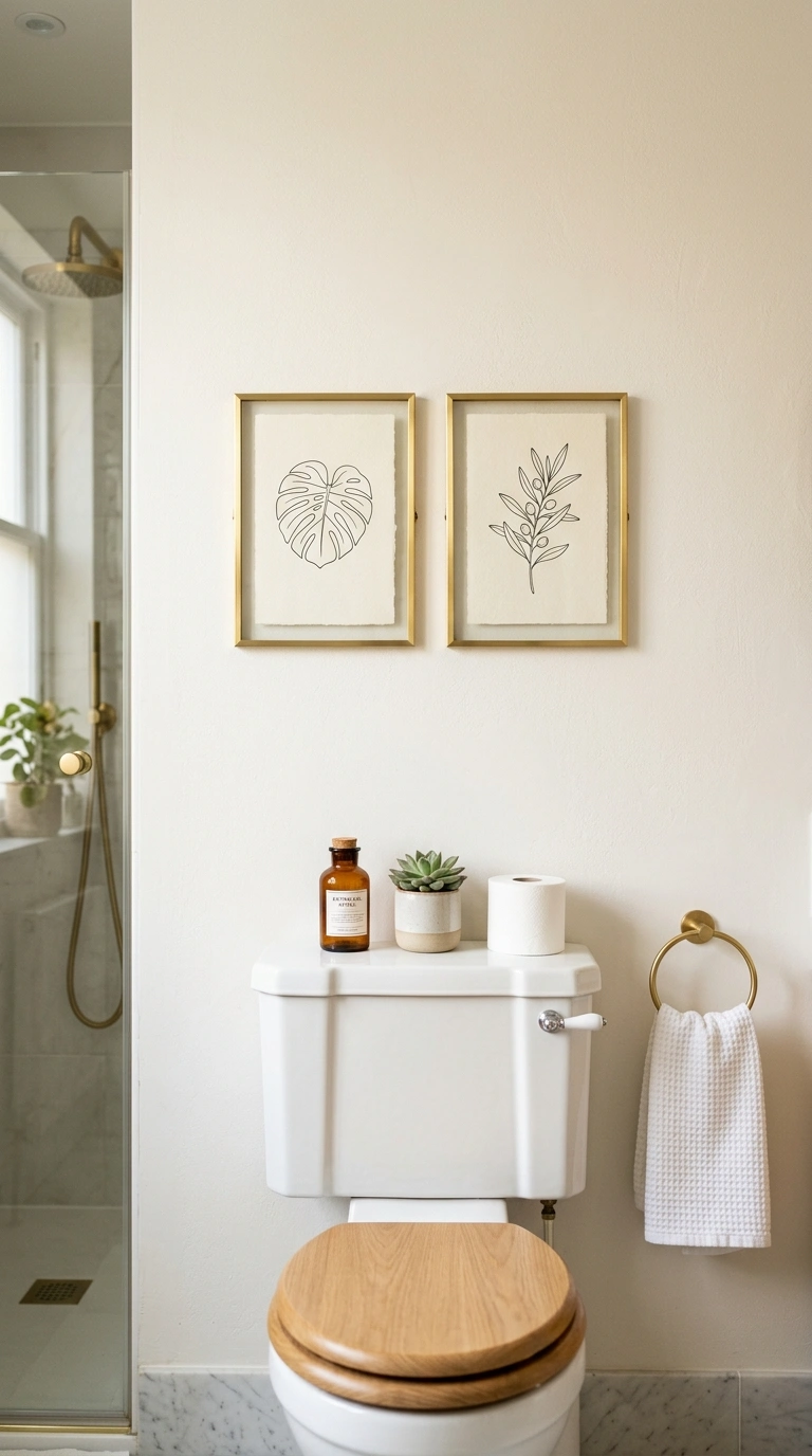 19 Elegant Guest Bathroom Decor Ideas You'll Want to Copy 5 004 Framed Botanical Art A bathroom wall featuring two