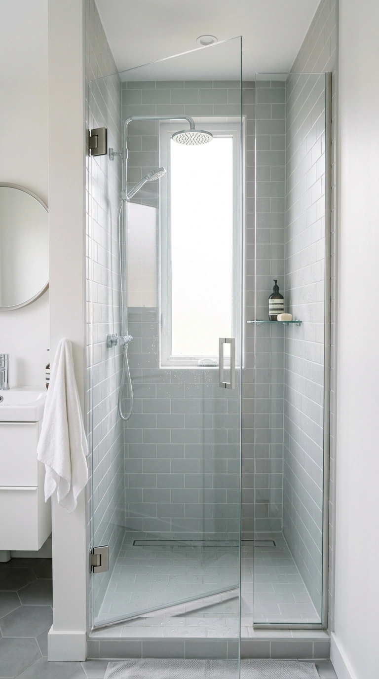 004 Glass Shower Door A small bathroom shower with a f