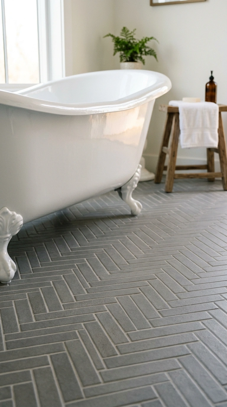 004 Gray Herringbone Floor A bathroom floor featuring