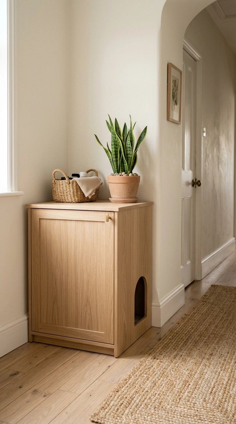 004 Hidden Litter Cabinet A neutral toned wood cabinet
