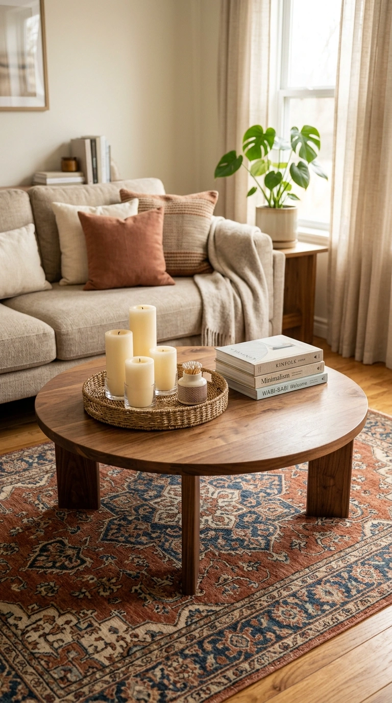 004 Low Wooden Coffee Table A round low walnut wood co