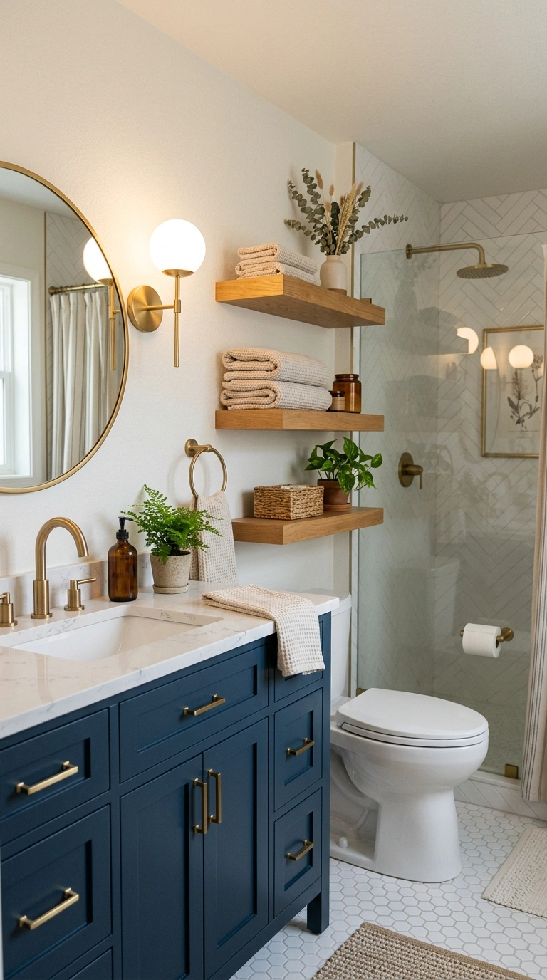 19 Best Bathroom Color Schemes for Every Style 5 004 Navy And Warm Oak A bathroom with deep navy blue c