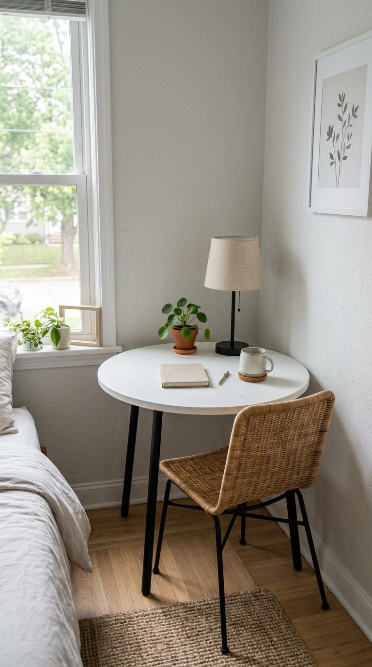 004 Small Round Desk A round white desk with slim blac