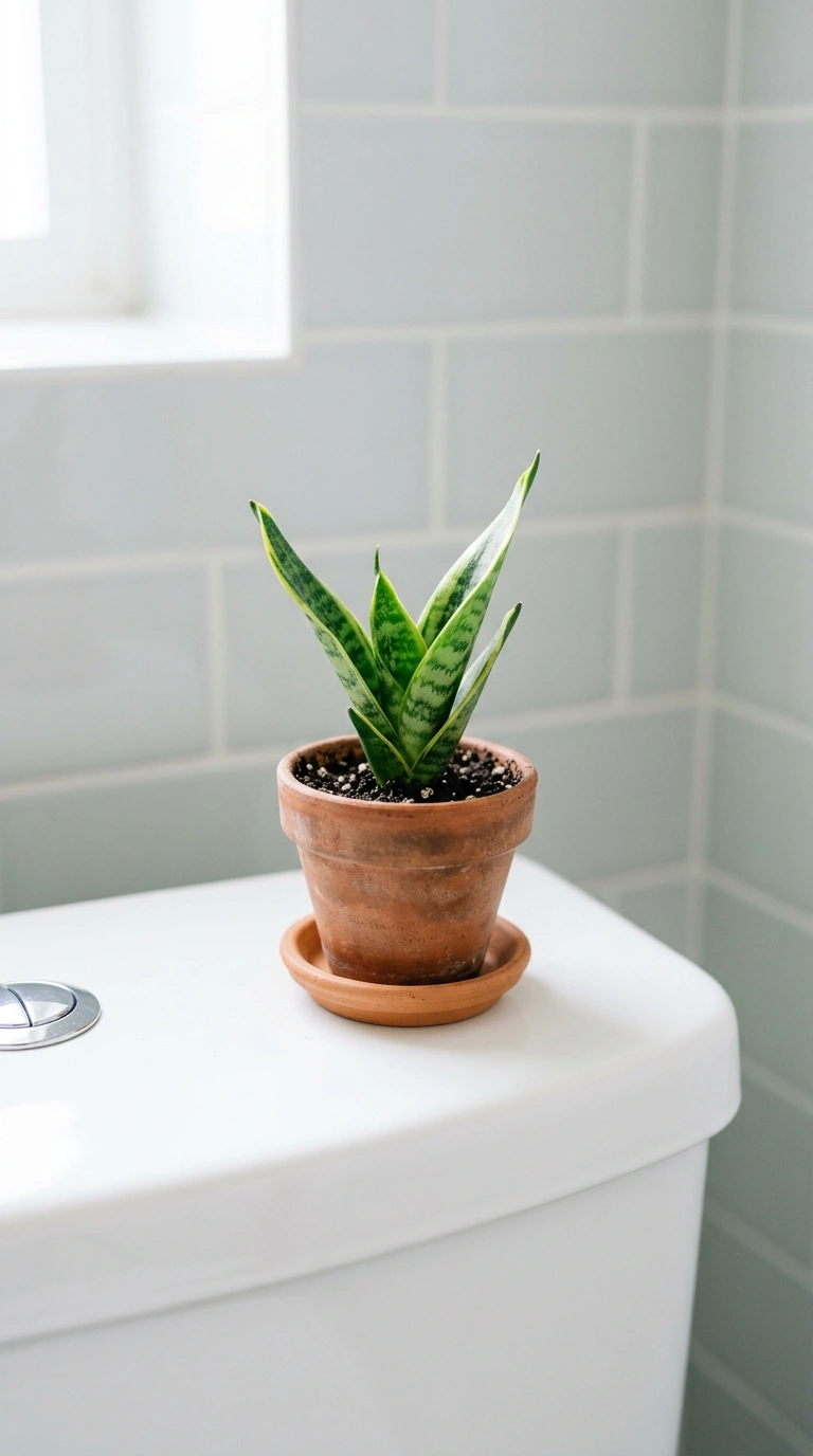 21 Toilet Tank Decor Ideas for a Prettier Bathroom 5 004 Small Succulent Pot A small potted snake plant cut