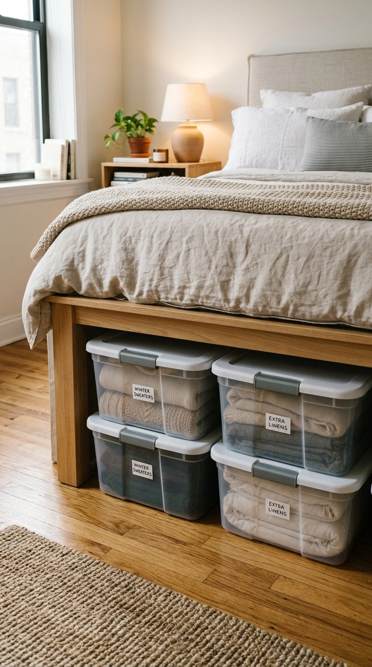 004 Under Bed Storage A studio apartment bed with the