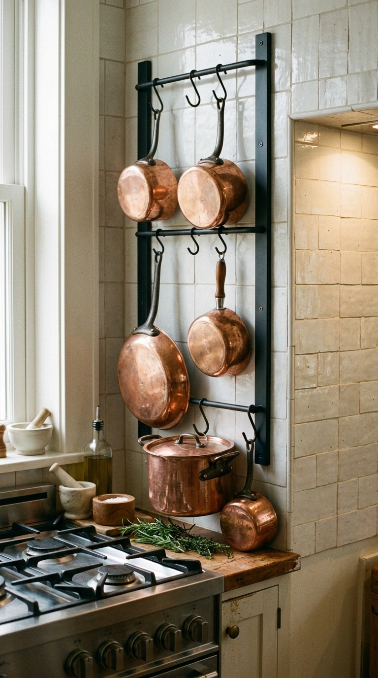 22 Creative Mini Kitchen Ideas for Small Spaces 5 004 Vertical Pot Rail A matte black metal rail mounted
