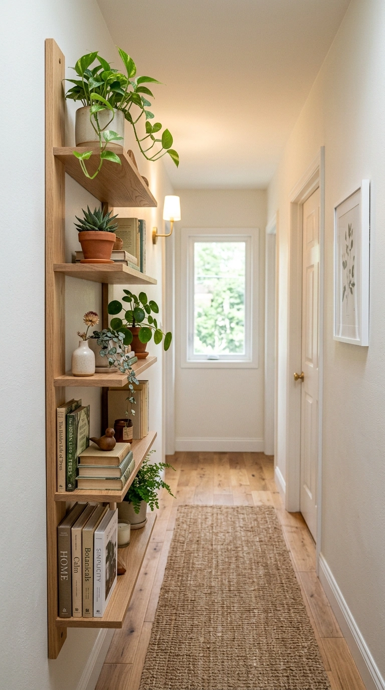 004 Vertical Wood Shelf A narrow hallway with a tall v