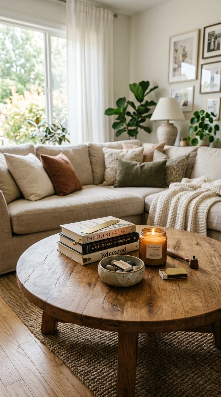004 Wooden Coffee Table A living room with a round woo