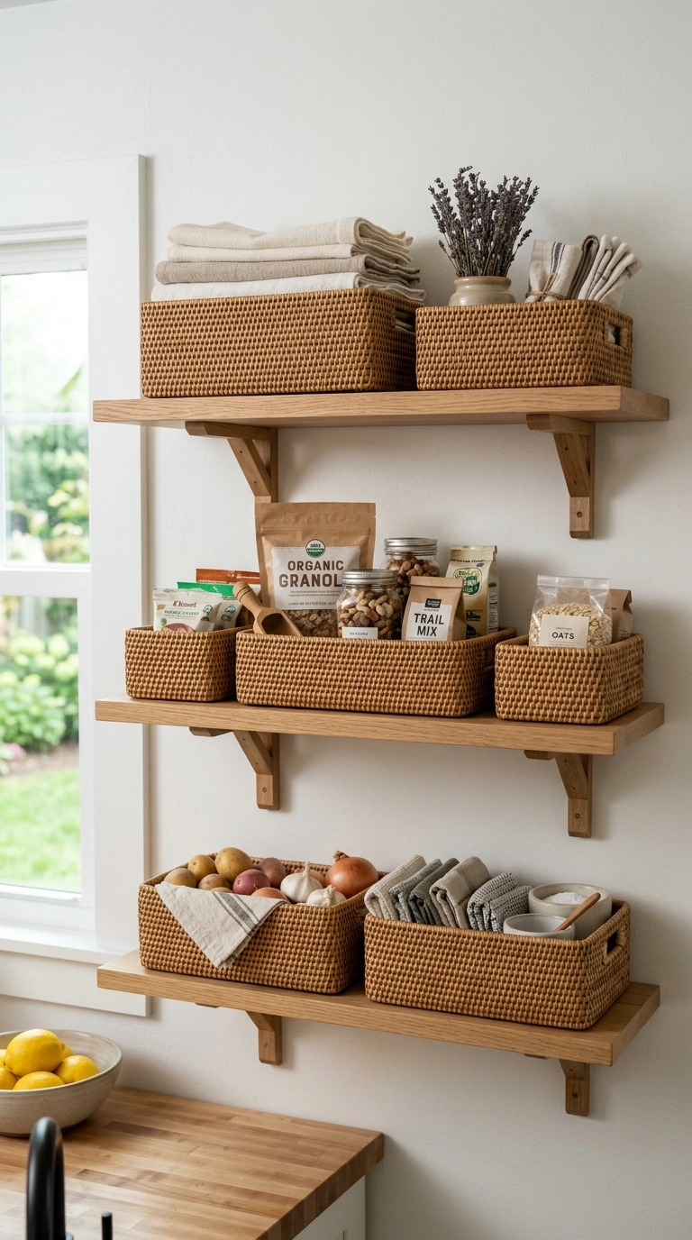 17 Clever Japanese Organization Ideas to Maximize Small Spaces 5 004 Woven Basket Shelves A kitchen wall with three flo