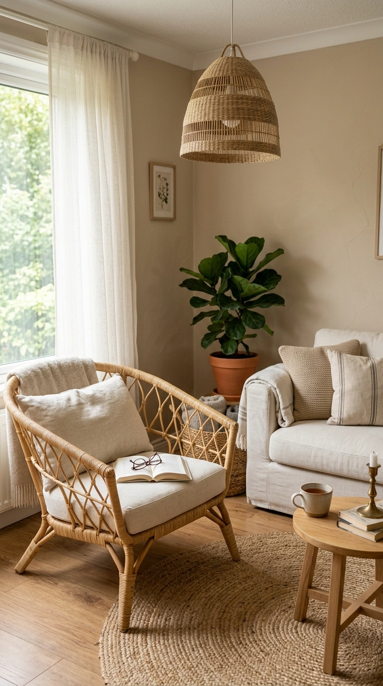 Neutral but Not Boring: California Coastal Interior Design 5 004 Woven Rattan Accents A reading corner with a ratta