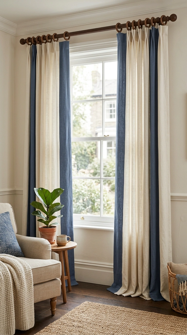 23 Blue and Beige Living Room Ideas That Make This Classic Pairing Work 6 005 5 Blue and Cream Curtains A living room window dre