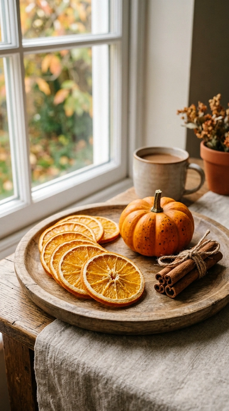 005 5 Dried Orange Slices A tray styled with a fan of