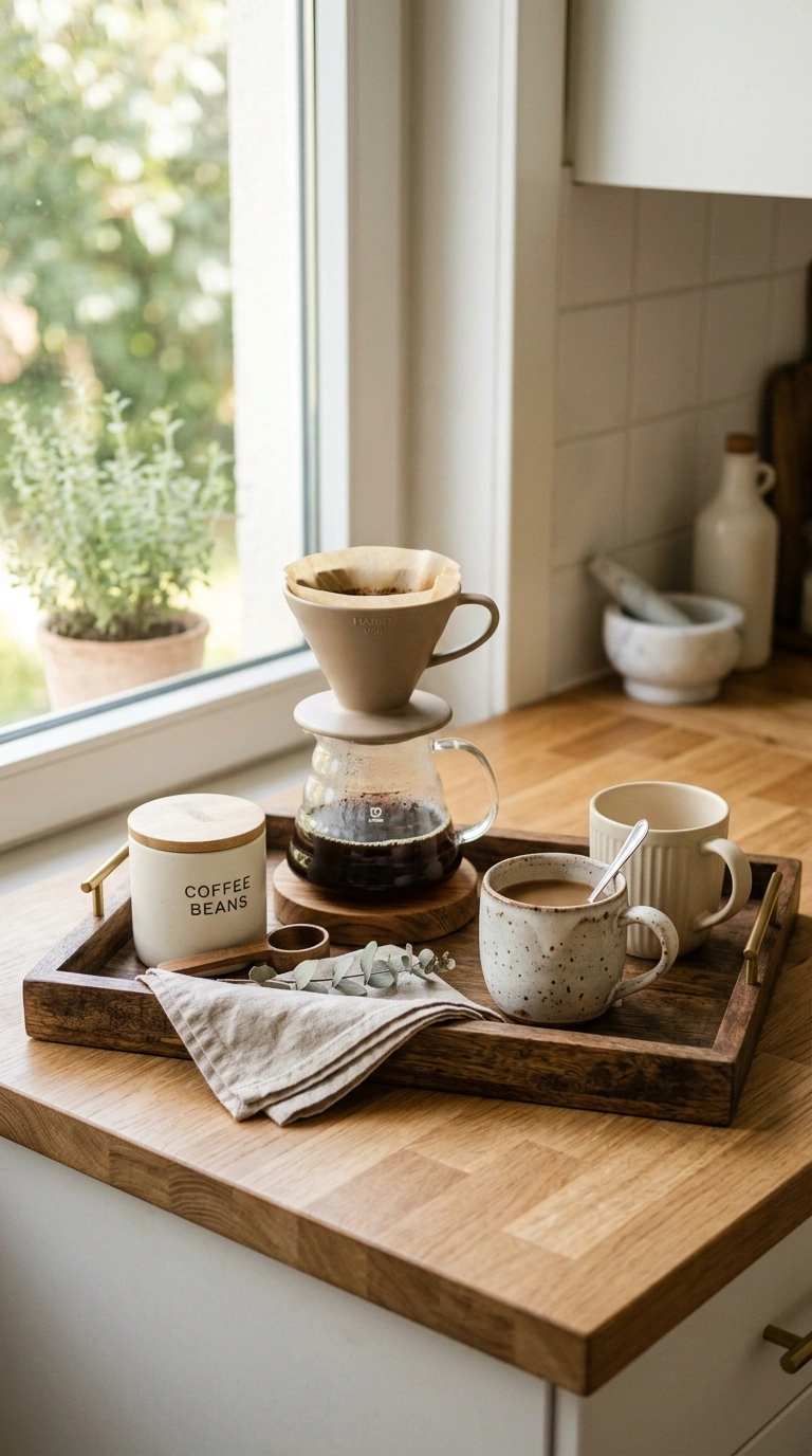 005 5 Tray Styled Station A wood tray on a kitchen cou