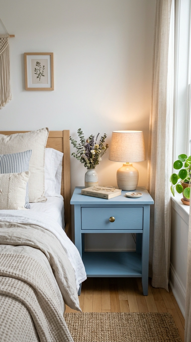 005 Blue Painted Nightstand A bedroom featuring a nigh