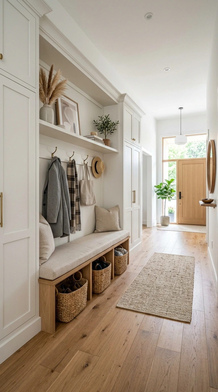 24 Large Entry Hallway Ideas for a Stylish First Impression 6 005 Built In Hall Storage A wide entry hallway with fl