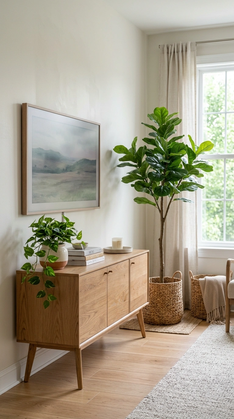 005 Console With Faux Greenery A bright living room co