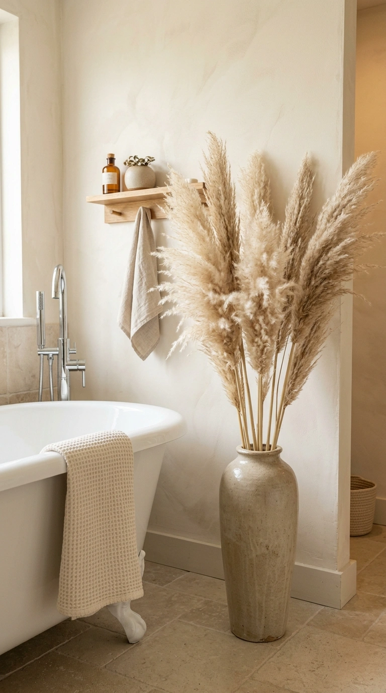 005 Dried Pampas Grass A bathroom corner featuring a t
