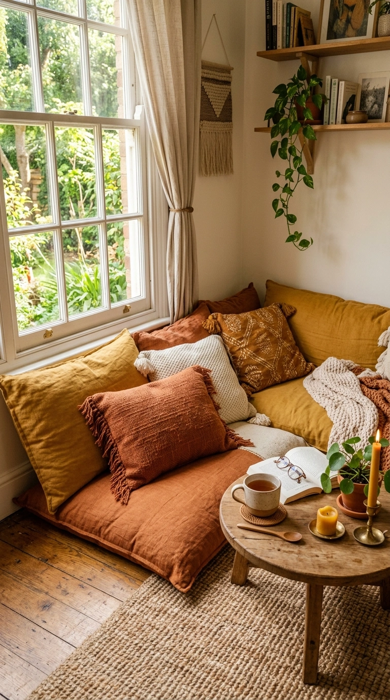 005 Floor Cushion Seating A living room corner with a