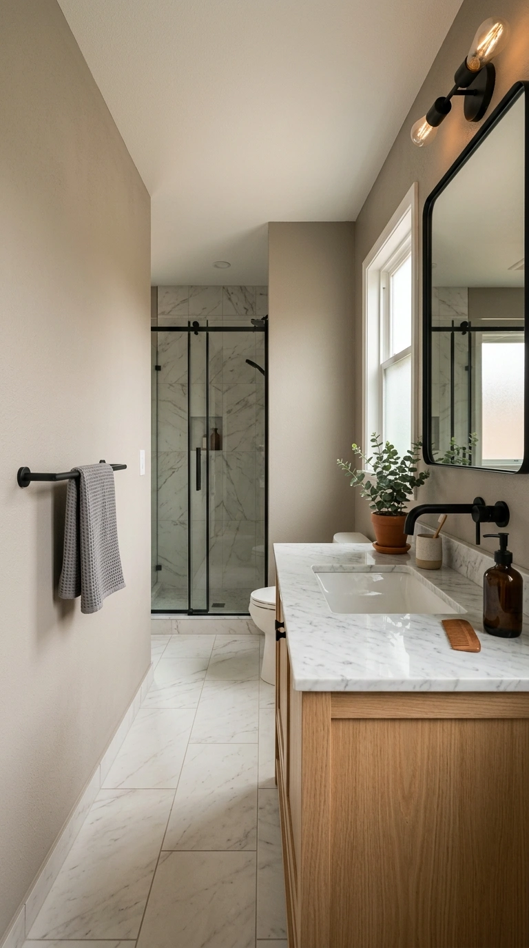 19 Best Bathroom Color Schemes for Every Style 6 005 Greige And Matte Black A bathroom with soft greige