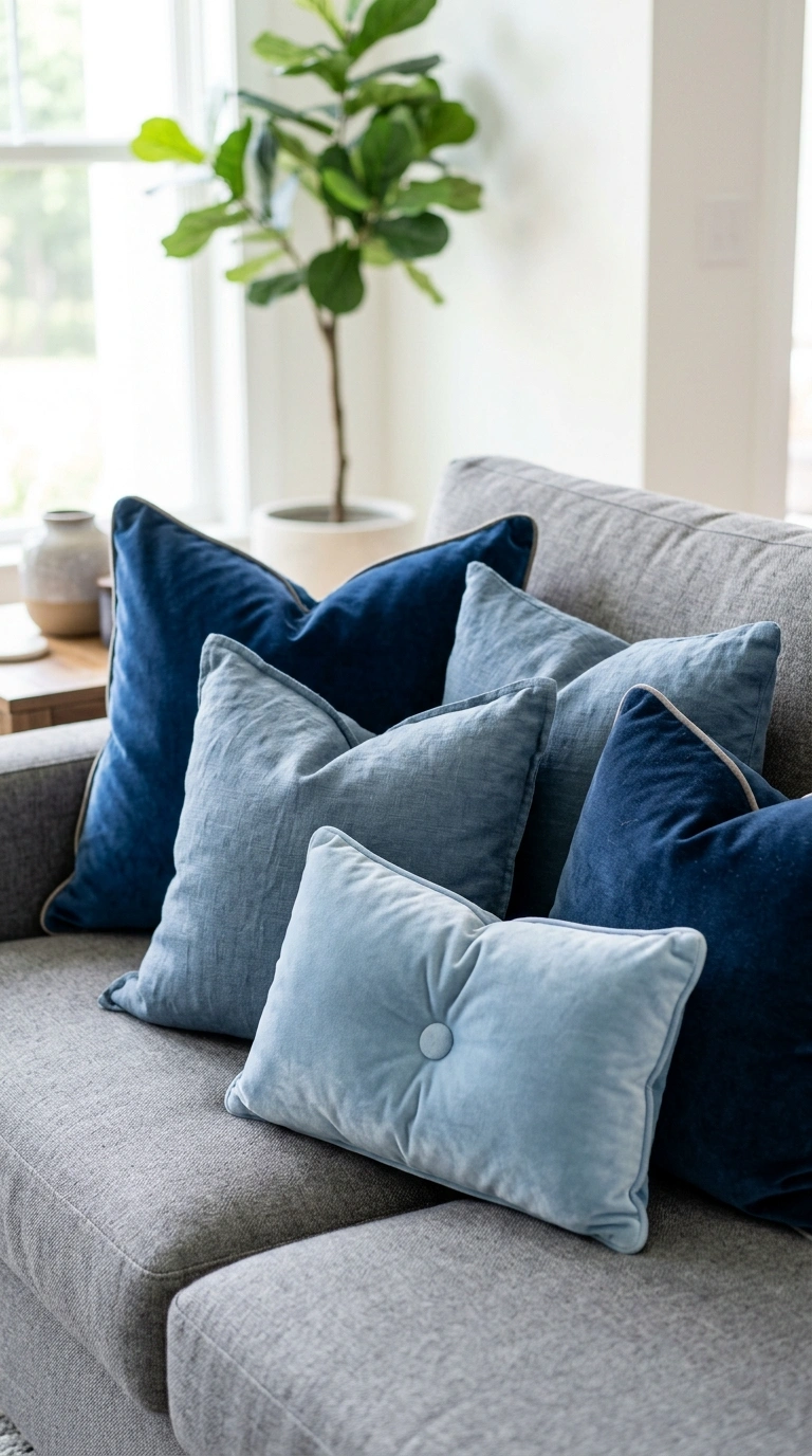 005 Layered Blue Pillows Close up of a gray sofa layer