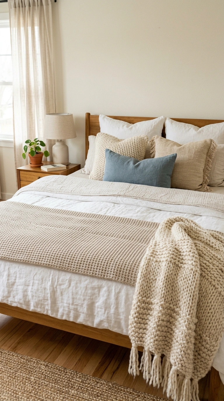 005 Layered Textured Bedding A neatly made bed with la