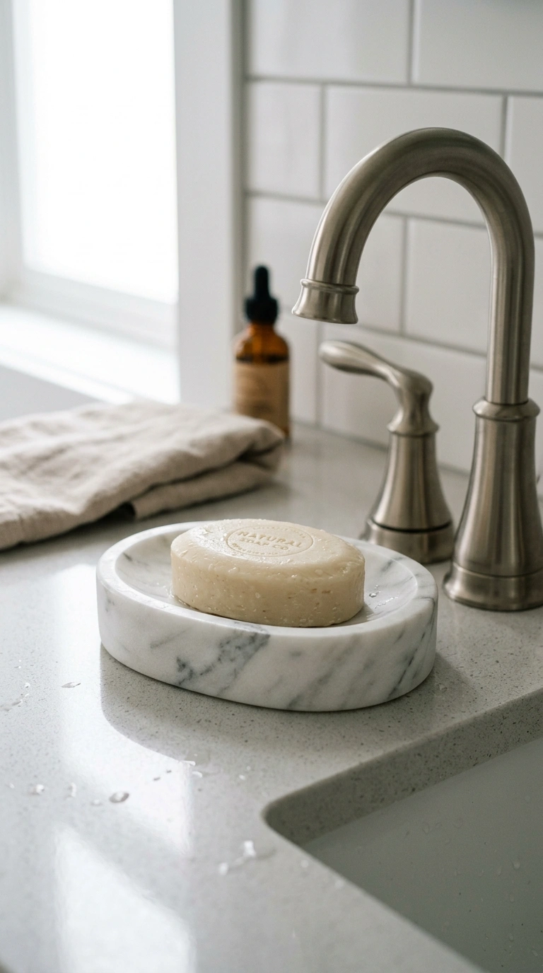 19 Elegant Guest Bathroom Decor Ideas You'll Want to Copy 6 005 Marble Soap Dish A close up shot of a white marble