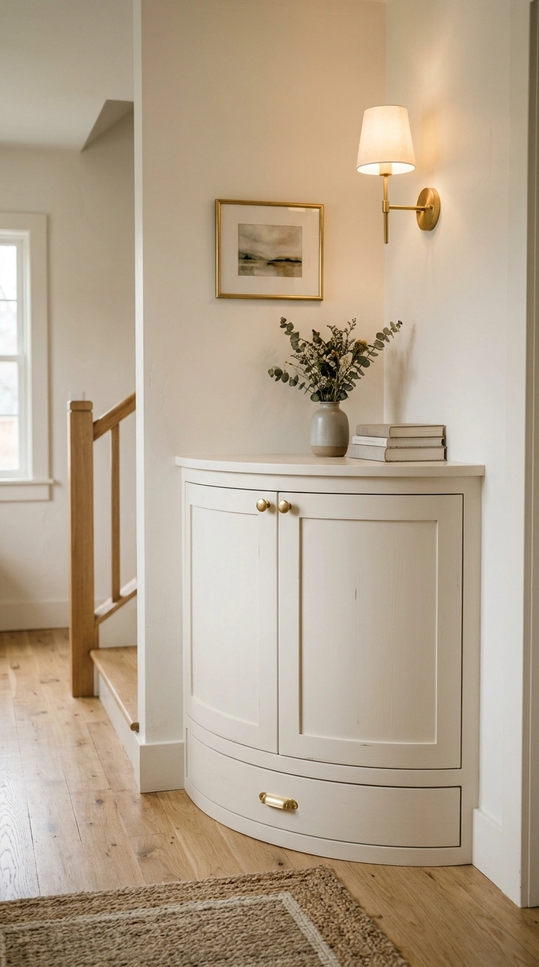 005 Rounded Corner Cabinet A hallway corner featuring