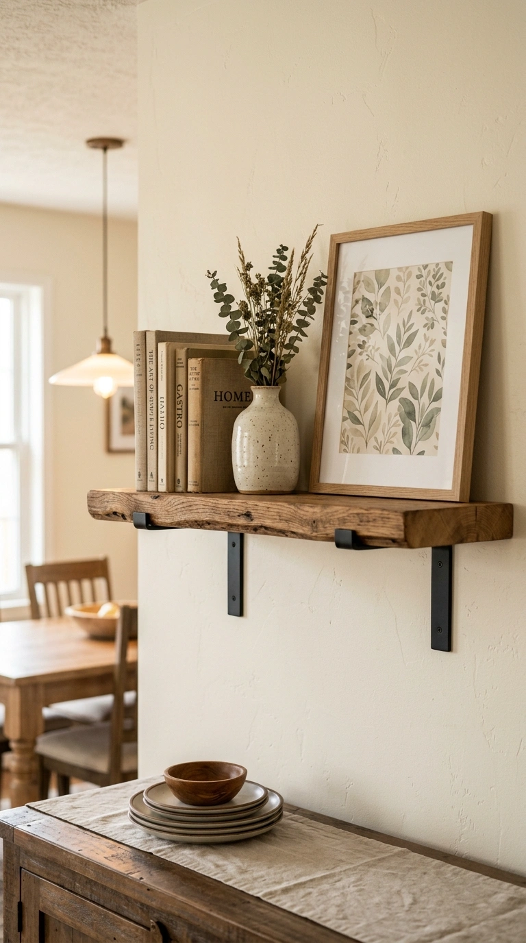 005 Rustic Wood Shelf A dining room wall featuring one