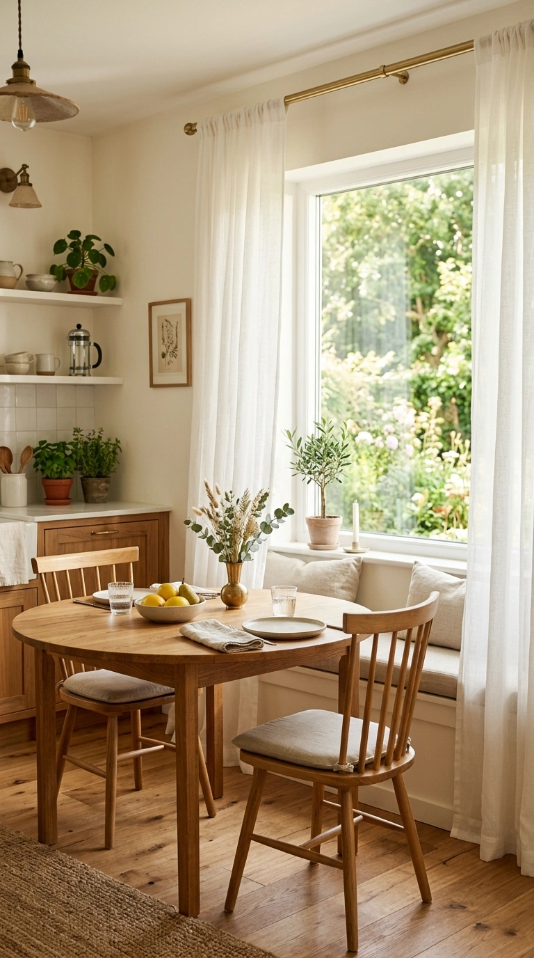 005 Sheer White Panels A sunny kitchen dining nook wit
