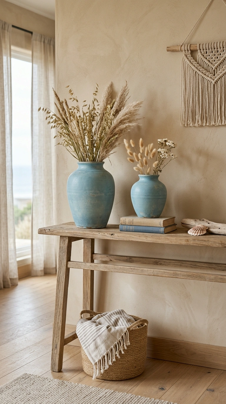 Neutral but Not Boring: California Coastal Interior Design 6 005 Soft Ocean Blue Touch A console table styled with