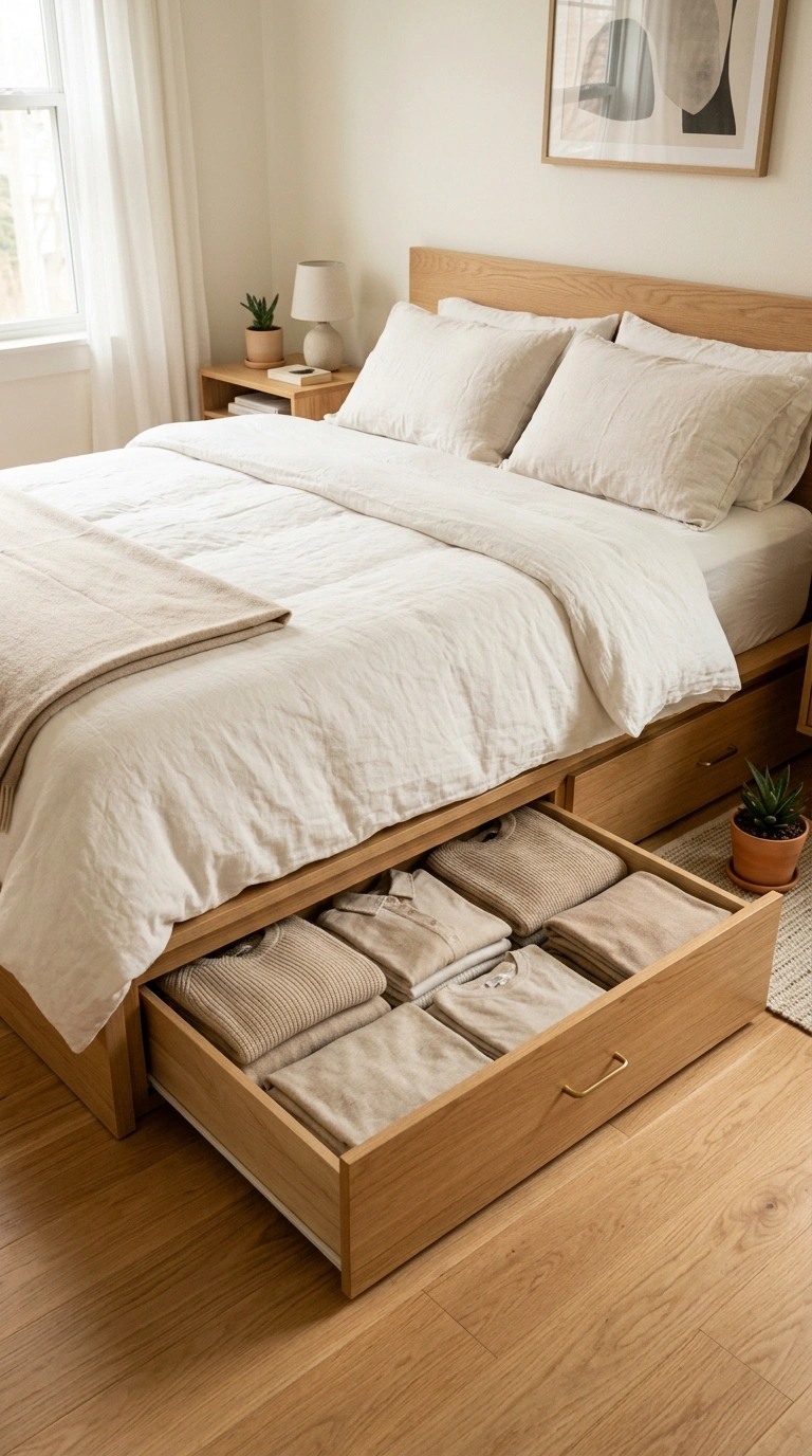 17 Clever Japanese Organization Ideas to Maximize Small Spaces 6 005 Under Bed Drawer Storage A neatly made platform be