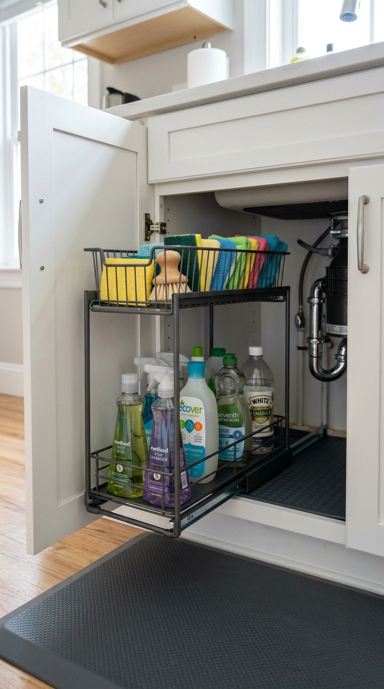 23 Functional U-Shaped Kitchen Ideas That Maximize Every Inch 6 005 Under Sink Organizer Open cabinet doors under a ki
