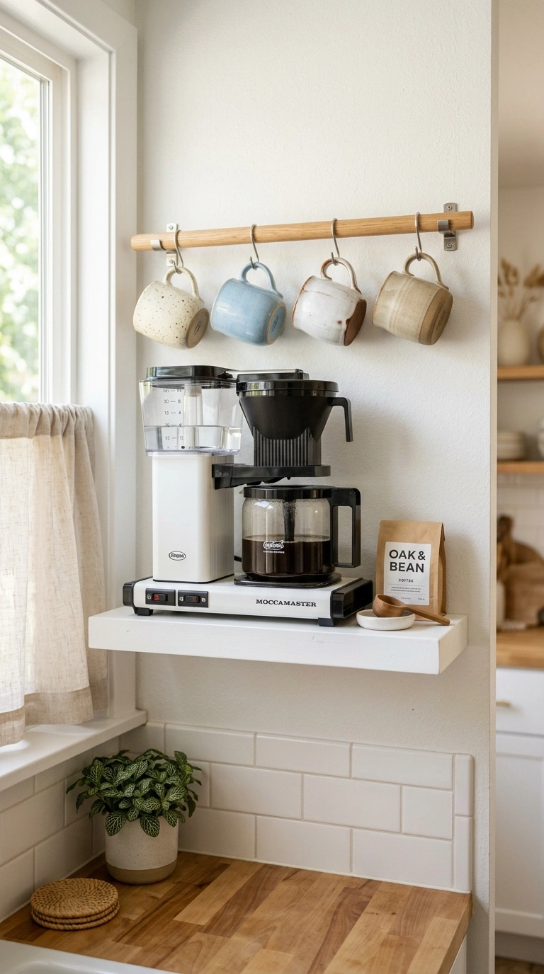 005 Wall Mounted Coffee Station A slim white floating