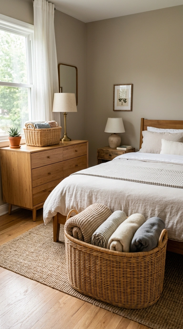 005 Woven Basket Storage A small bedroom with a large
