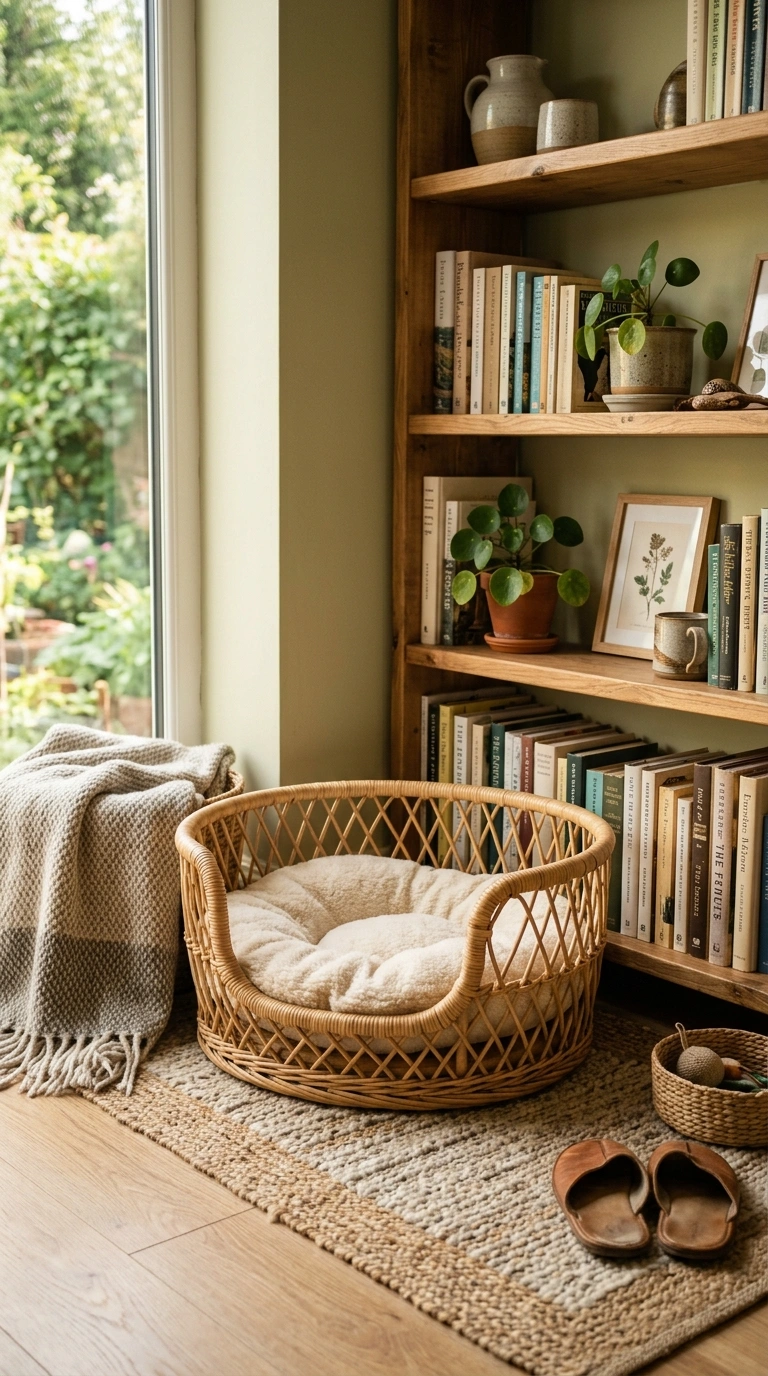 005 Woven Cat Bed Nook A cozy nook beside a bookshelf