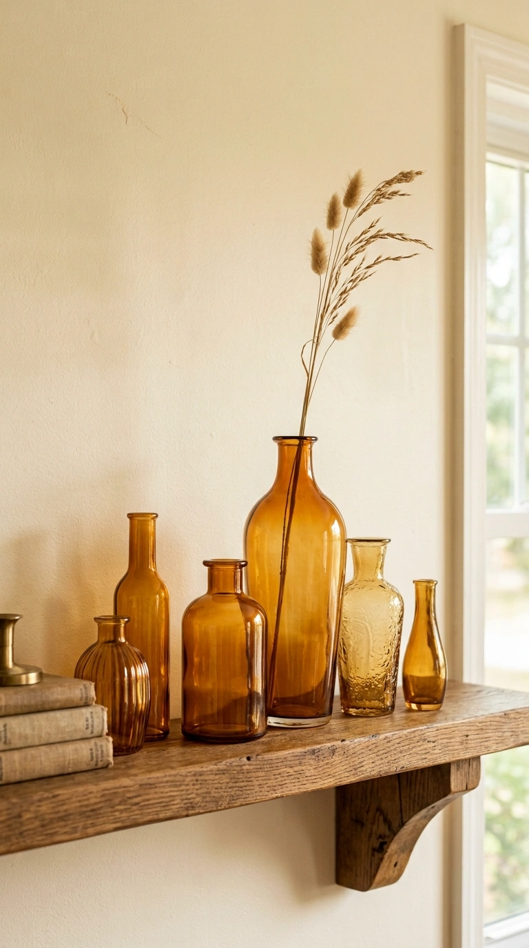 15+ Charming Fall Decor Ideas to Make Your Home Feel Cozy 7 006 6 Amber Glass Vases A shelf styled with a collecti