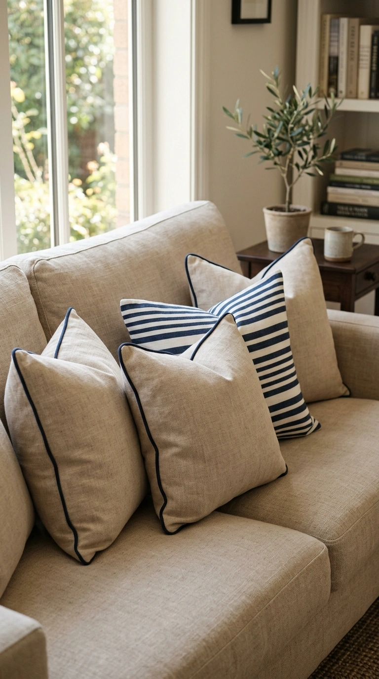 23 Blue and Beige Living Room Ideas That Make This Classic Pairing Work 7 006 6 Navy Piped Cushions A beige linen sofa styled wi
