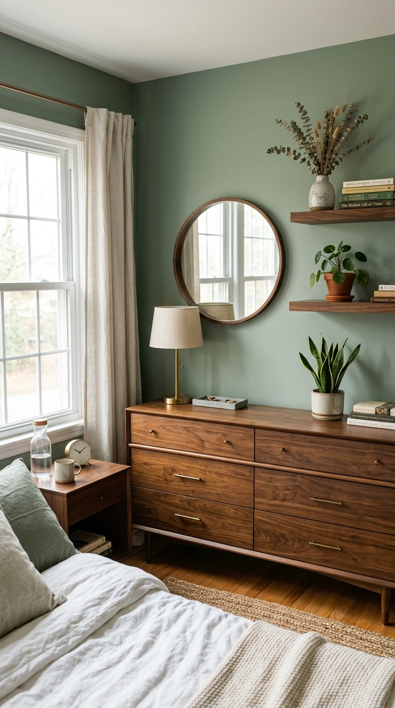006 6 Wood Tone Pairing A sage green bedroom with a wa