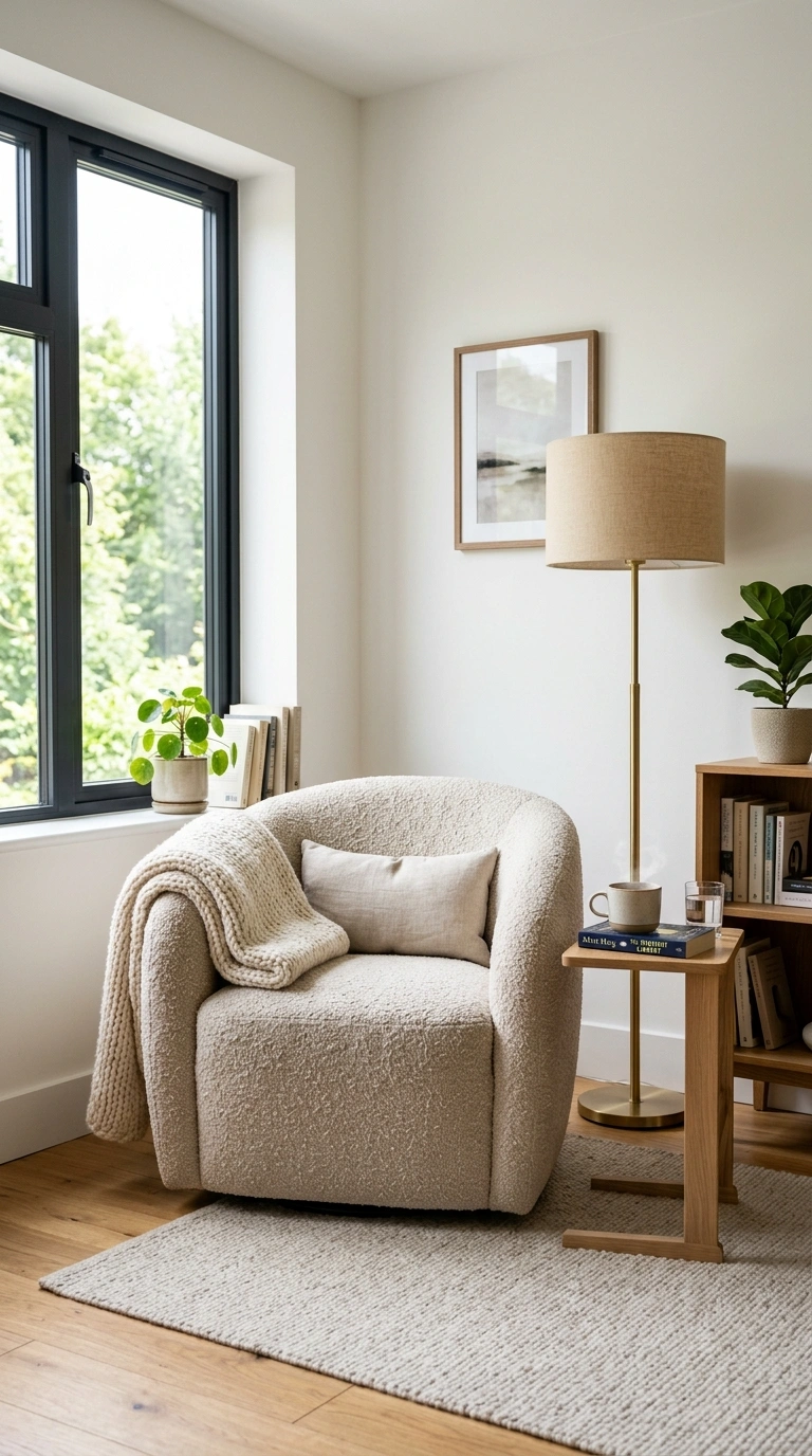 006 Cozy Reading Corner An oatmeal boucle armchair bes