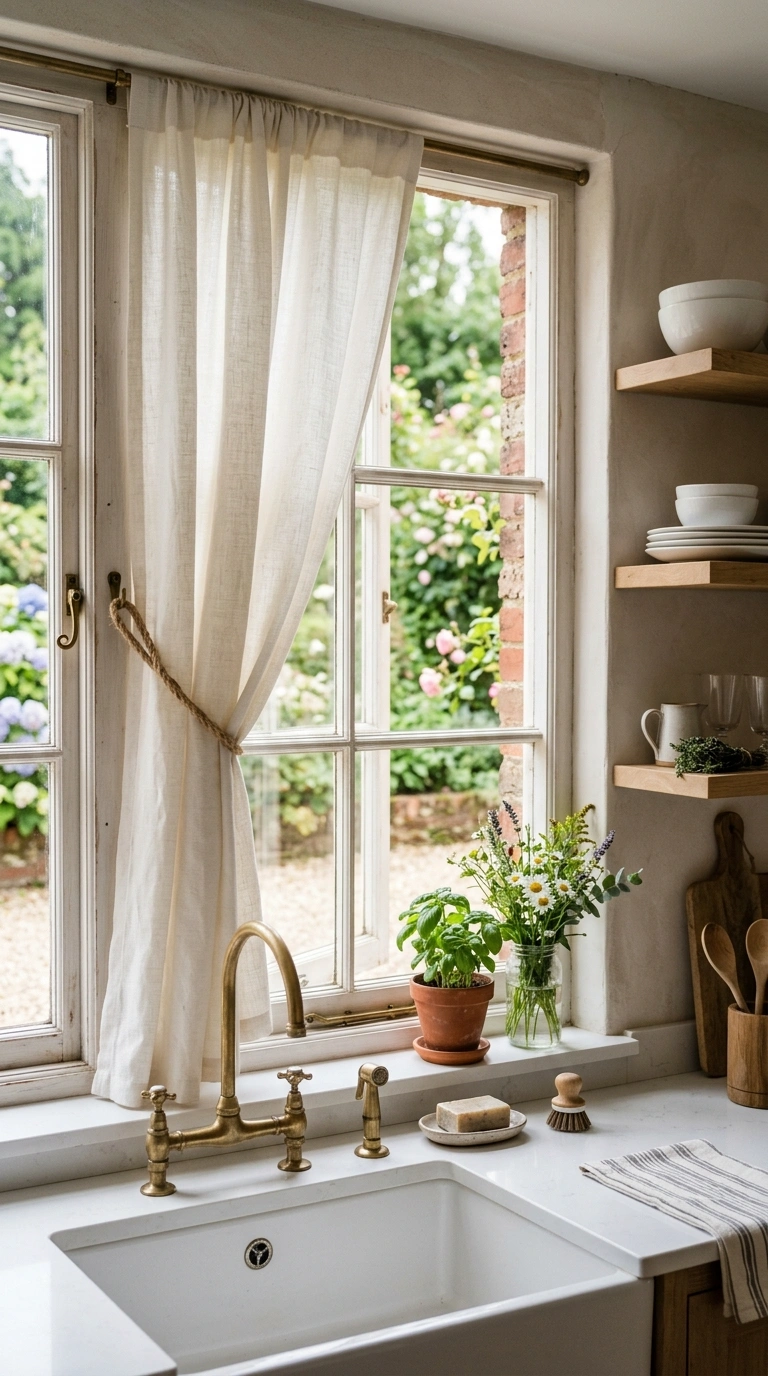 006 Farmhouse Tie Backs A kitchen sink window dressed