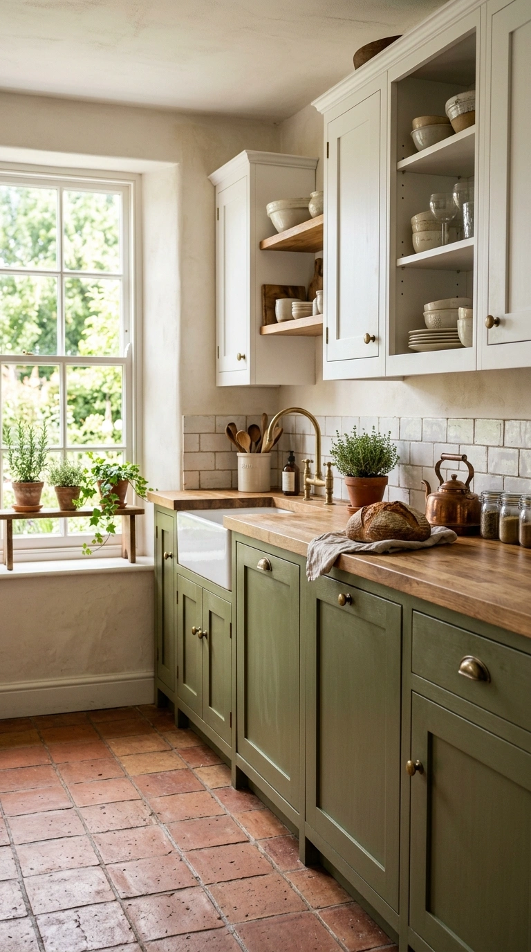 23 Two-Tone Kitchen Ideas That Look Expensive and Timeless 7 006 Olive Green Base Cabinets A kitchen with muted oli