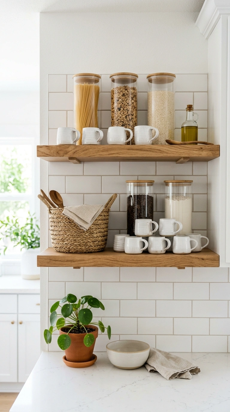 006 Open Shelving Display Two open wood shelves in a w