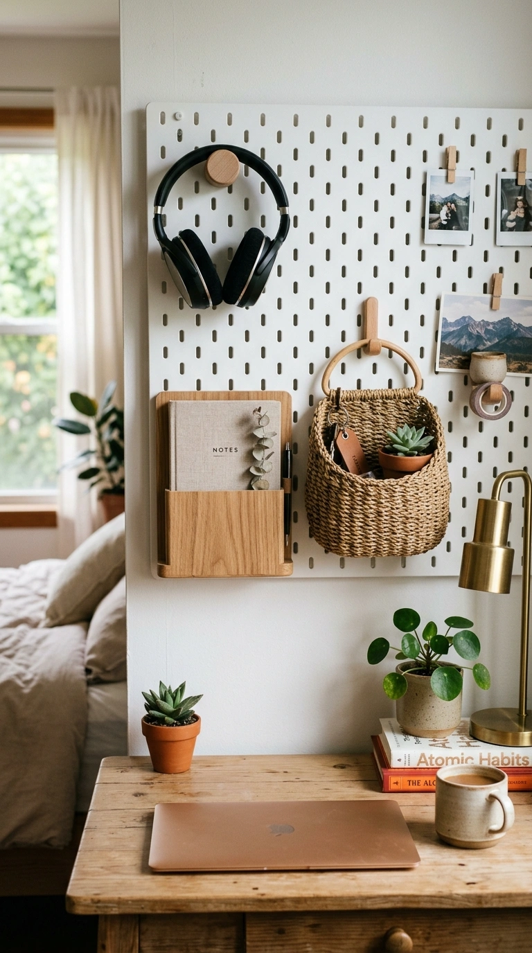 006 Pegboard Organization Wall A white painted pegboar