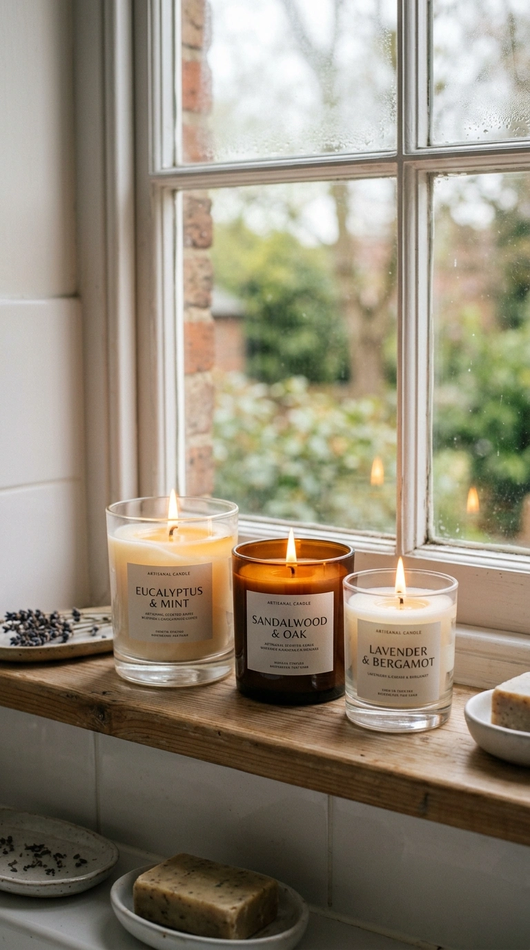 19 Elegant Guest Bathroom Decor Ideas You'll Want to Copy 7 006 Scented Candle Trio A close up shot of three glass