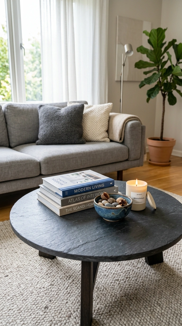 006 Slate Gray Coffee Table A round slate gray stone c
