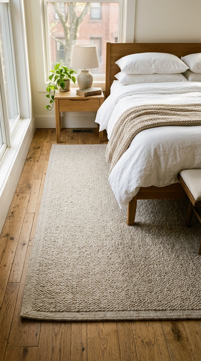 006 Soft Area Rug A bedroom floor beside a neatly made