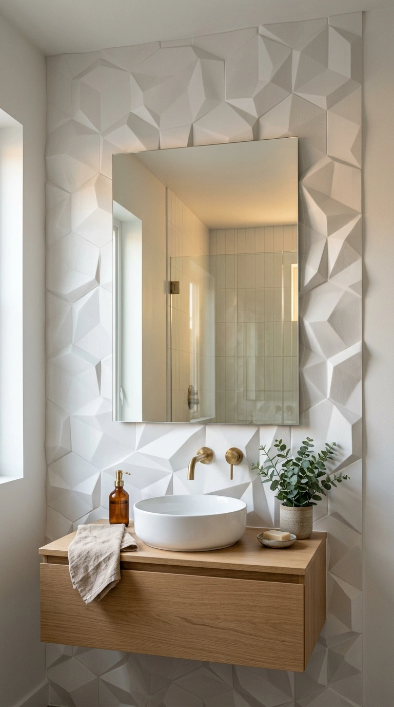 006 Textured 3D Panels A bathroom accent wall behind a