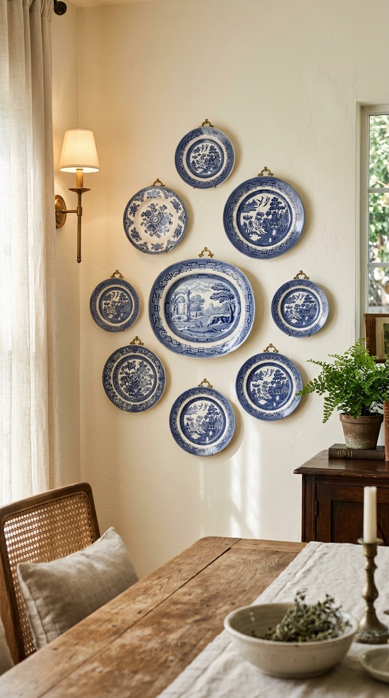 006 Vintage Plate Display A dining room wall with an i